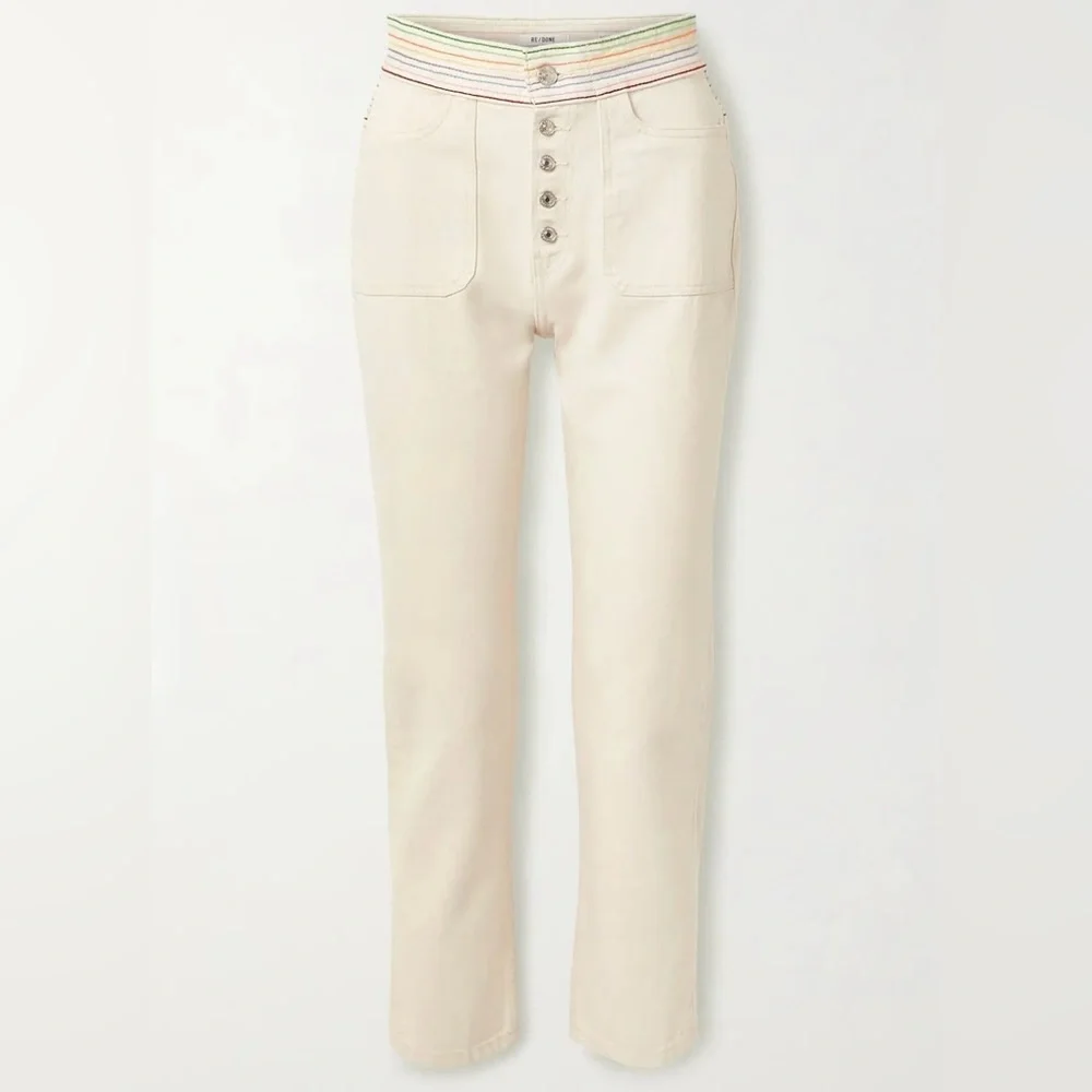 REDONE Blanca Miró Stove Pipe Embroidered High Rise Straight Jeans Cream Size 27